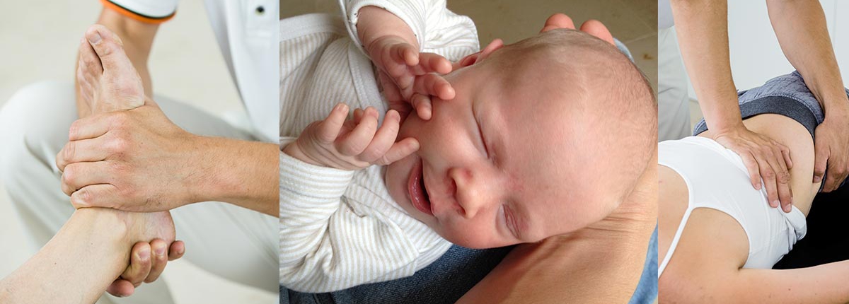 Drei Fotos Osteopathischer Behandlungean am Fuß, an einem Säugling und am Rumpf einer Patientin.